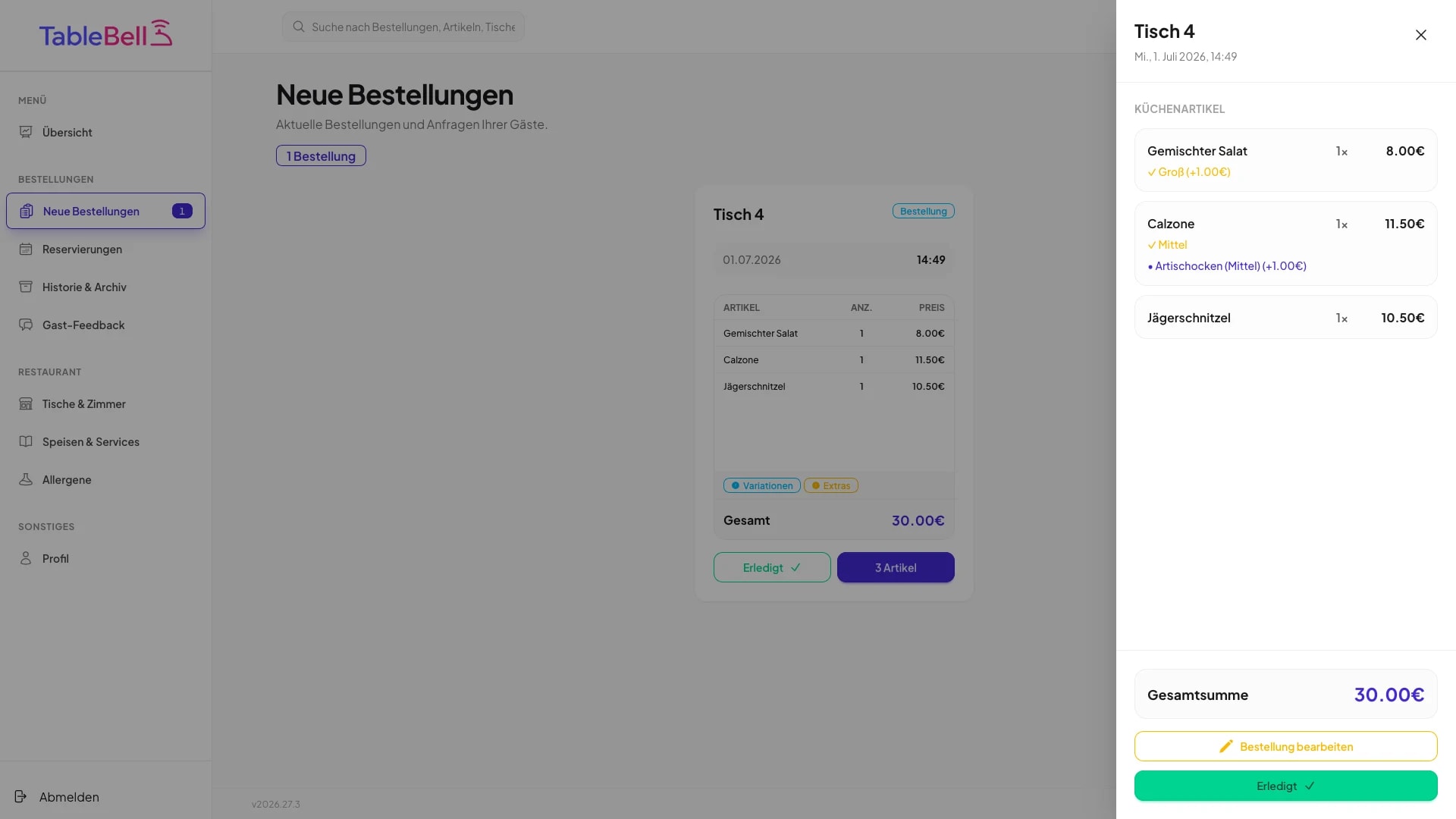Betreiber-Ansicht: dieselbe Bestellung kommt live im TableBell-Dashboard an
