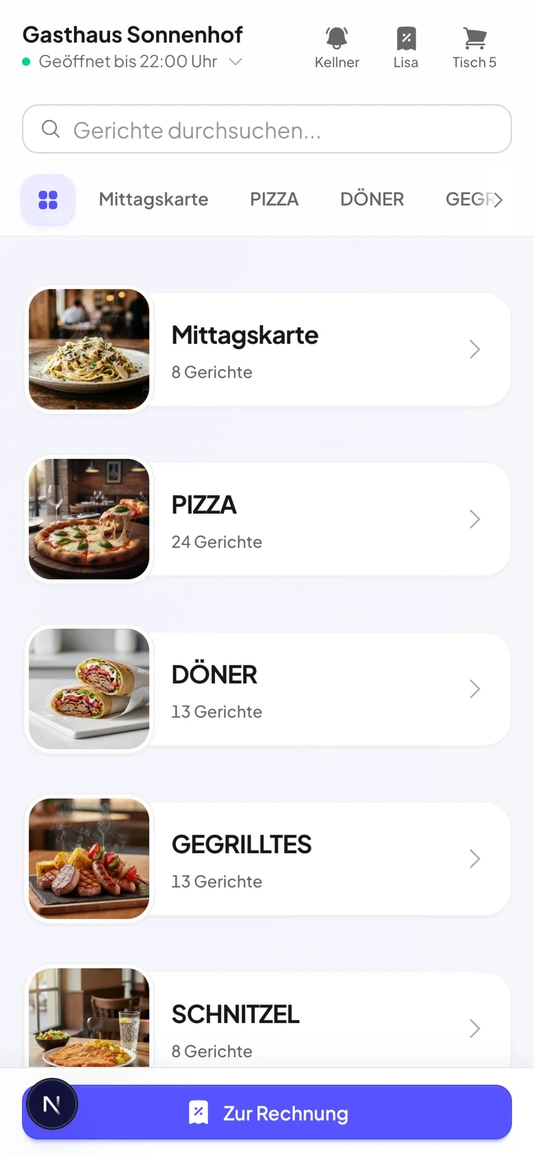 Gäste-Ansicht auf dem Handy: Speisekarte mit Kategorien und Warenkorb