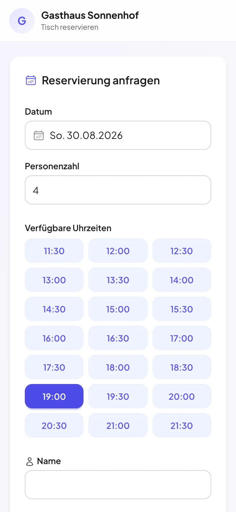 Gäste-Ansicht auf dem Handy: Reservierungsformular mit Datum, Personenzahl und freien Uhrzeiten