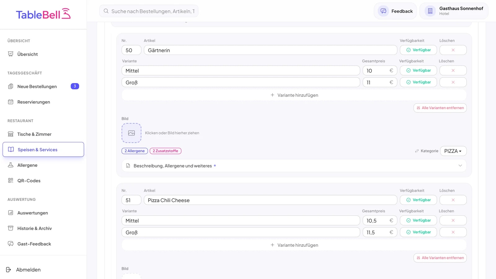 Speisekarte im Bearbeiten-Modus: Kategorien, Gerichte, Preise und Varianten