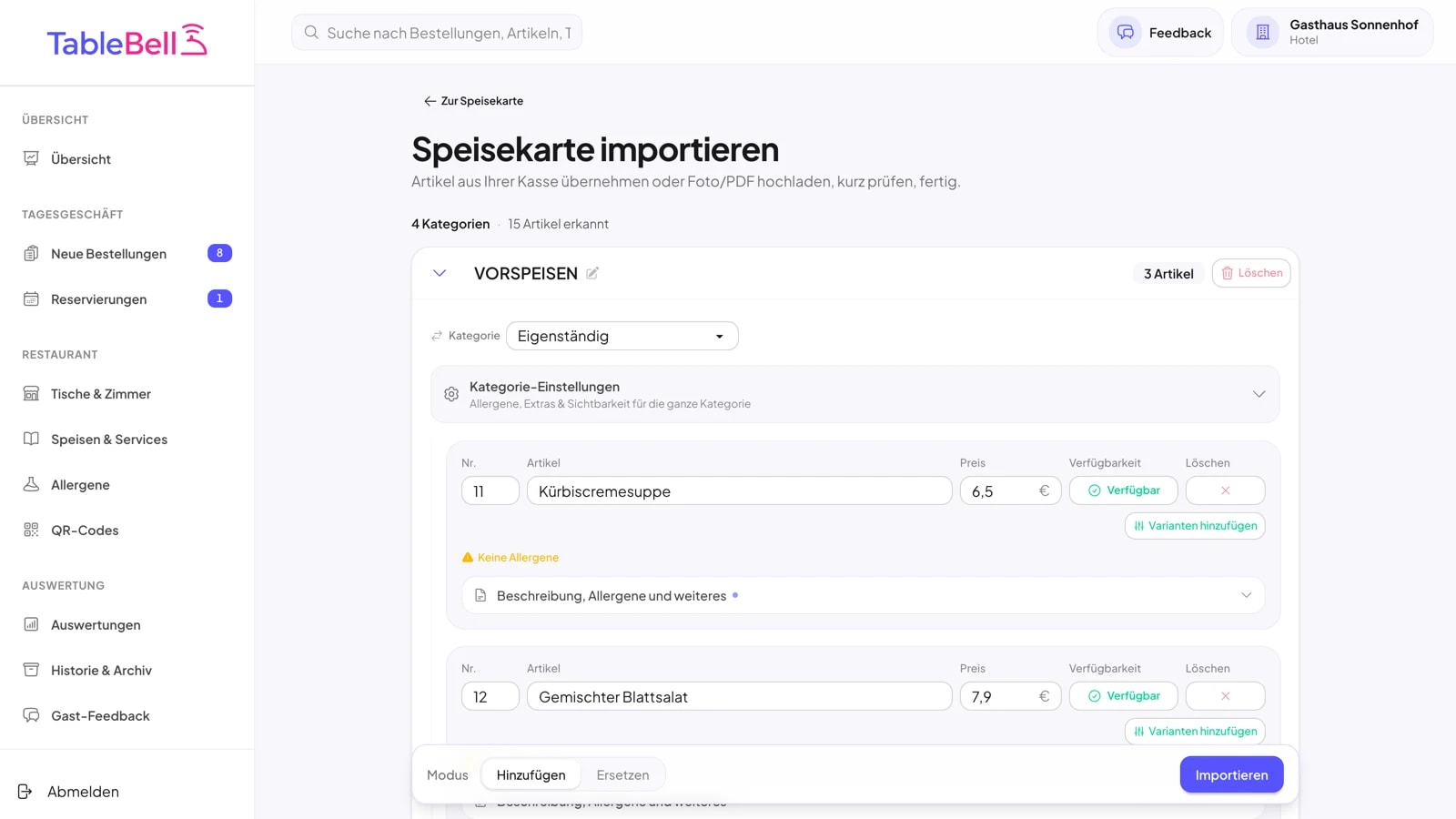 Prüfmaske nach dem Import: erkannte Kategorien und Gerichte mit Nummer, Name und Preis zum Nachbessern