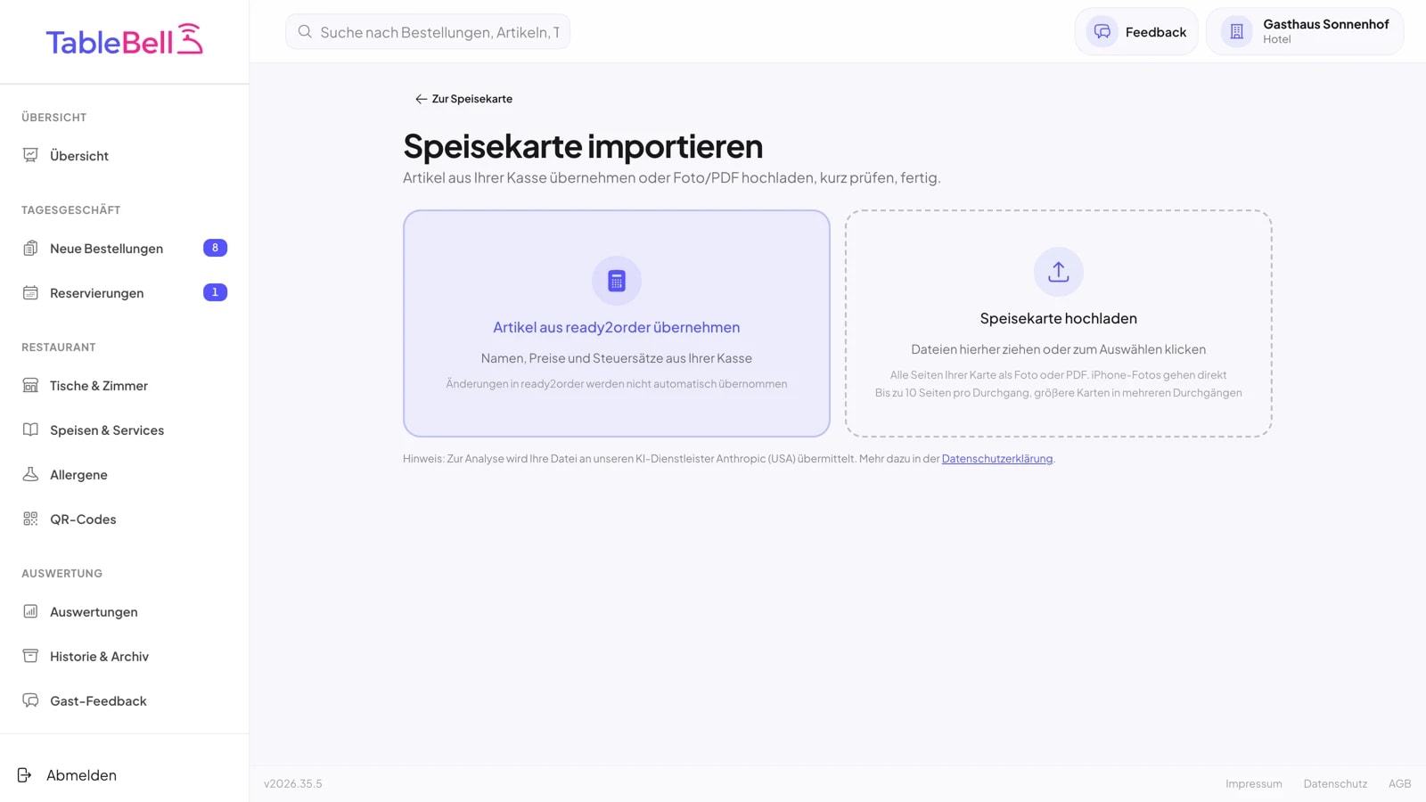 Import-Einstieg: Artikel aus der Kasse übernehmen oder Speisekarte als Foto oder PDF hochladen