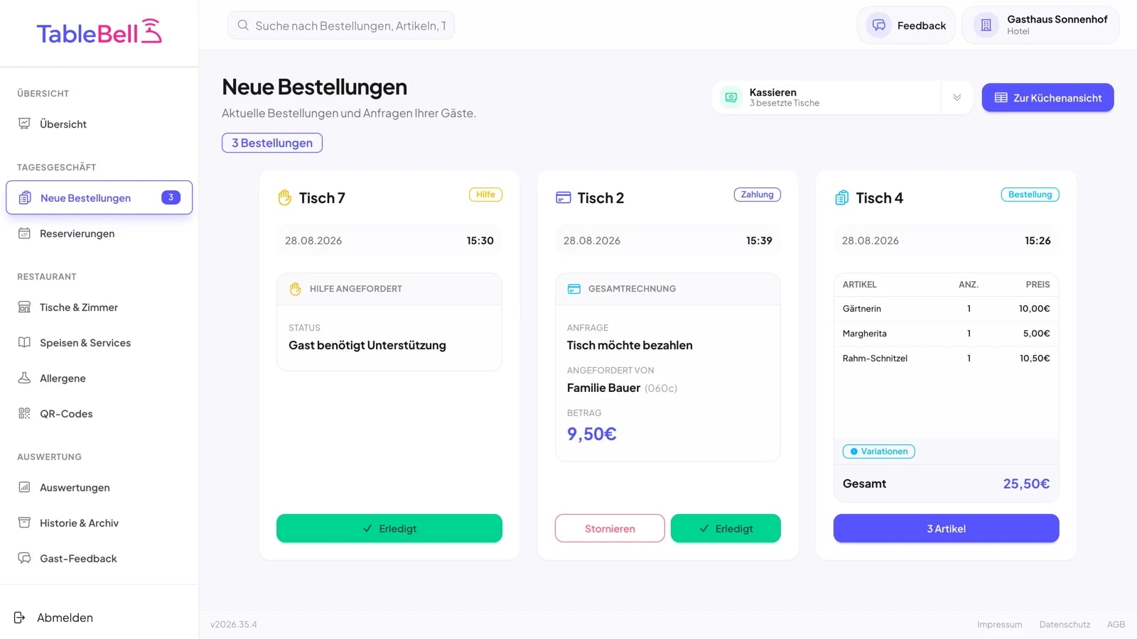 Dashboard „Neue Bestellungen“: eine Bestellung, eine Zahlungsanforderung und ein Kellner-Ruf nebeneinander