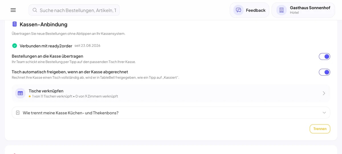 Einstellungen zur Kassen-Anbindung: verbundene Kasse, Übertragung und Tisch-Verknüpfung