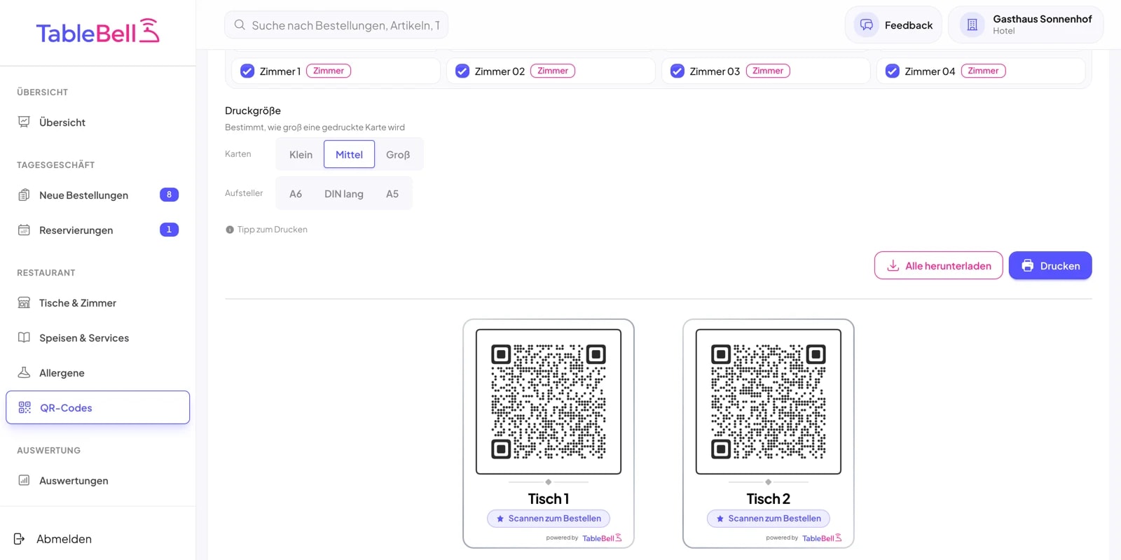 QR-Center: Auswahl der Tische und Zimmer, Druckgrößen für Karten und Aufsteller